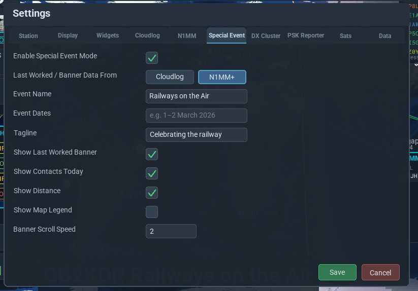 Settings dialog – Special Event tab with enable, data source, event name, dates, tagline and display options