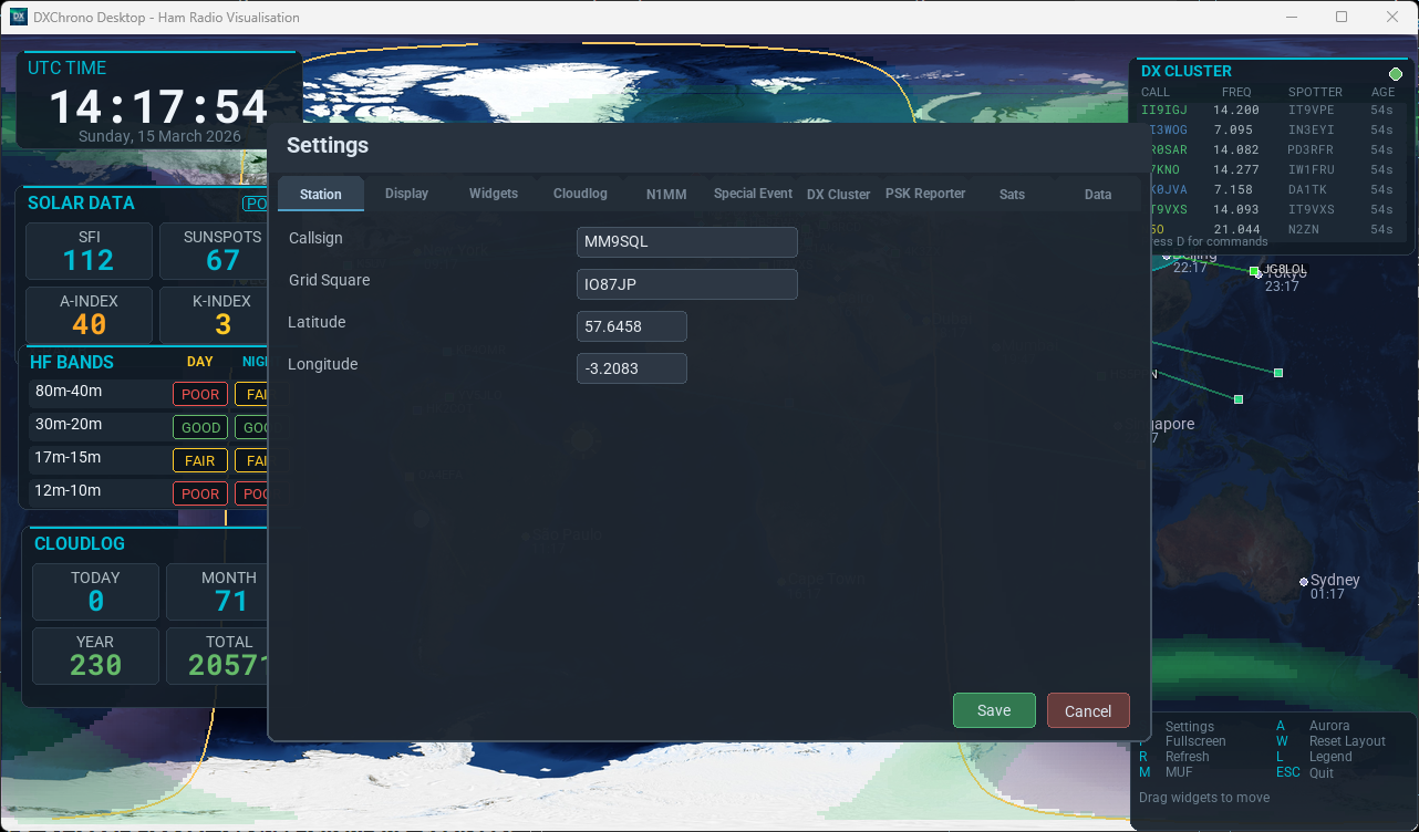 Settings dialog showing Station tab with callsign, grid square and location fields