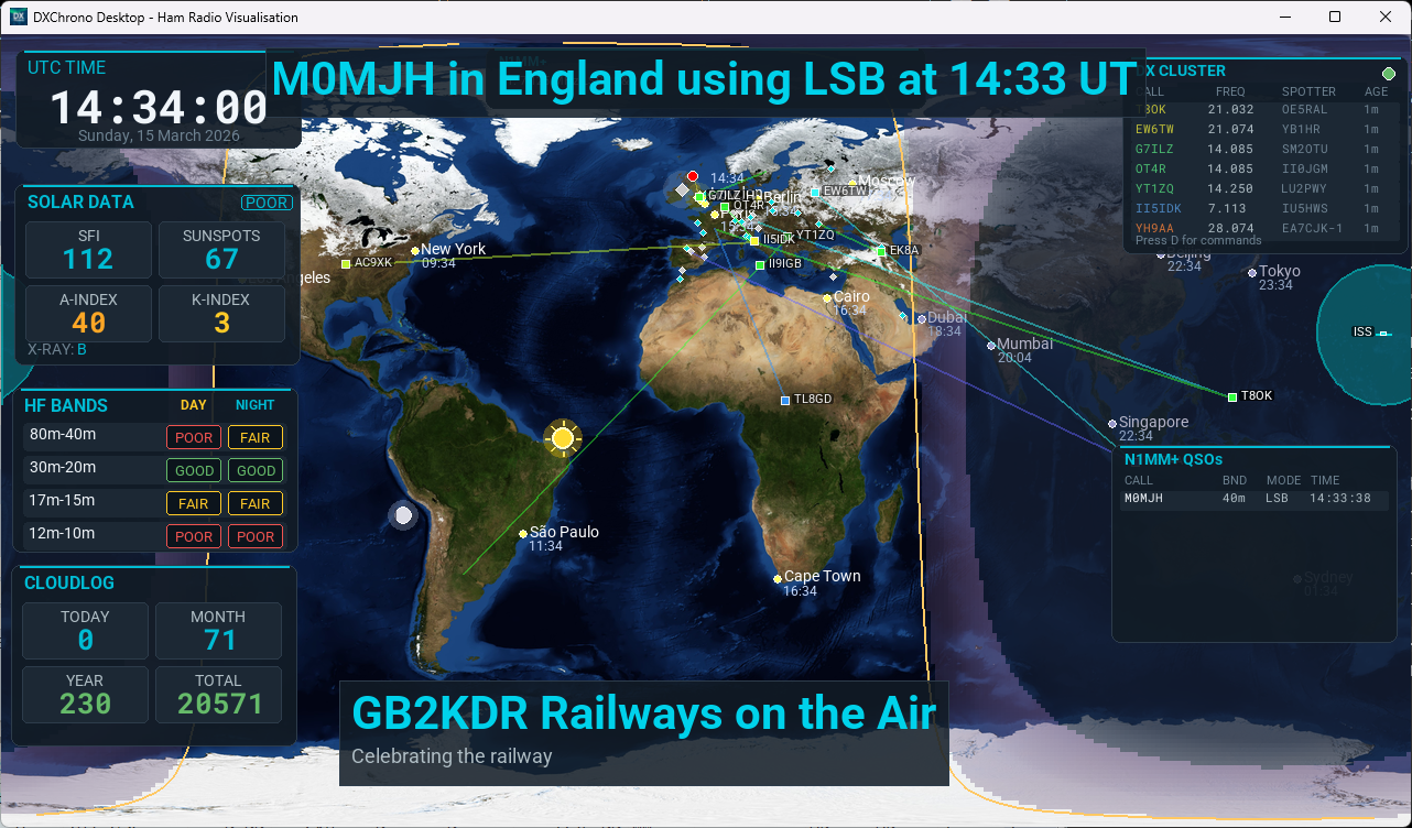 Special Event mode: full screen with map, scrolling last-worked banner, event branding, and widgets