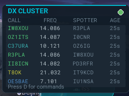 DX Cluster widget showing live list of DX spots